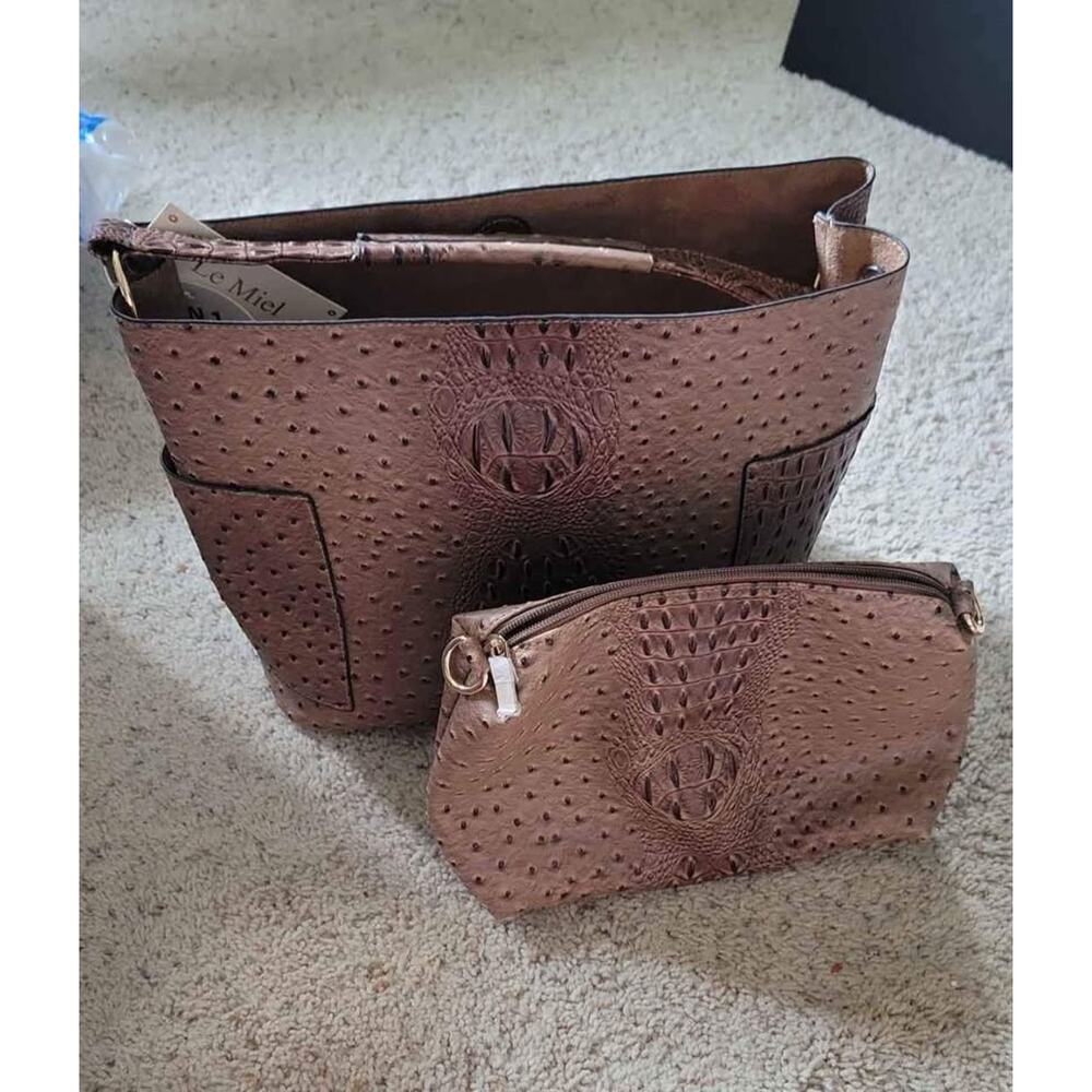 Le Miel 2 In 1 Purse Brown‎ Ostrich Faux Vegan Leather